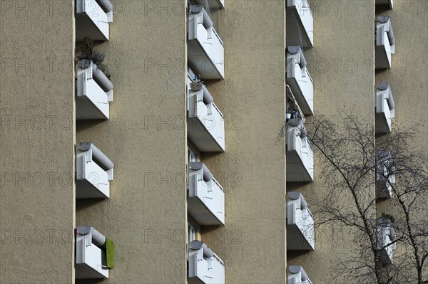 Concrete balconies of a high-rise residential apartment building from the seventies in the satellite city of Neuperlach