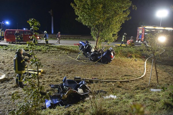 The wreckage of a Peugeot after fatally crashing into a tree