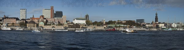 Panoramic view of the old Elbe Tunnel with the Landing Stages and St. Michael's Church or Michel