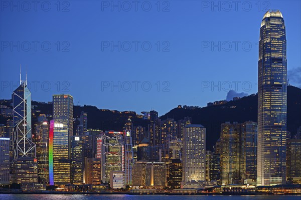 View at the blue hour from Kowloon on Hong Kong Island's skyline on Hong Kong River