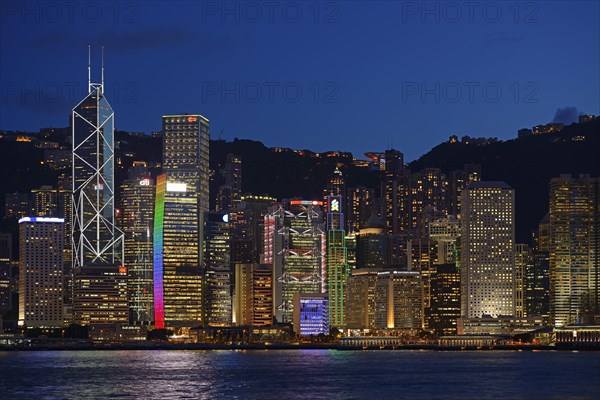 View at the blue hour from Kowloon on Hong Kong Island's skyline on Hong Kong River