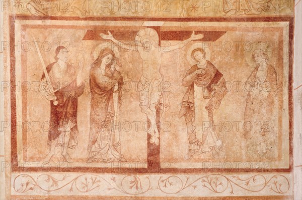 Fresco of the crucified Jesus with Mary
