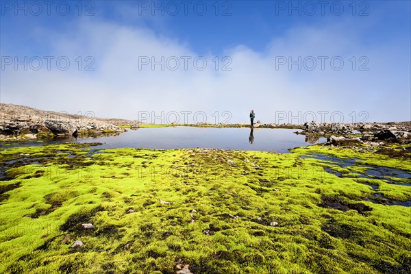 Young woman's reflection in a lake