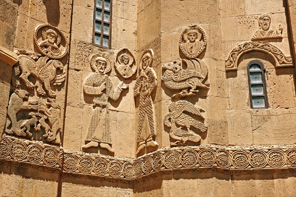 Bas-relief sculptures with scenes from the Bible on the outside of the 10th century Armenian Orthodox Cathedral of the Holy Cross on Akdamar Island