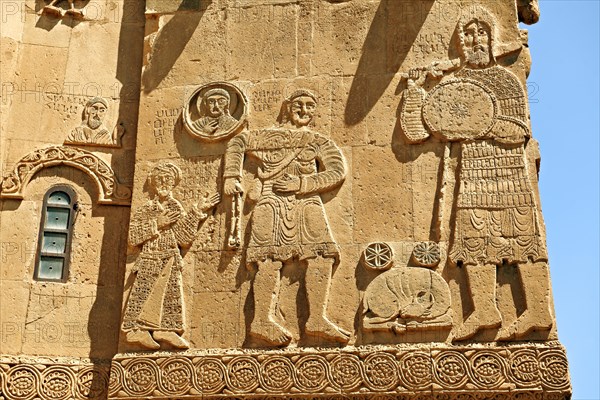 Bas-relief sculptures with scenes from the Bible on the outside of the 10th century Armenian Orthodox Cathedral of the Holy Cross on Akdamar Island