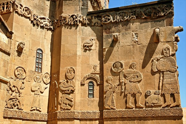 Bas relief sculptures with scenes from the Bible on the outside of the 10th century Armenian Orthodox cathedral of the Holy Cross on Akdamar Island