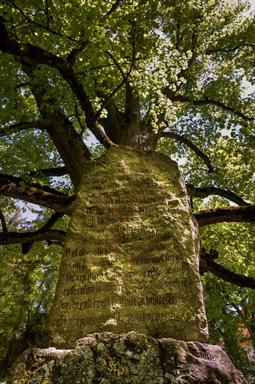 Glacial erratic rock hewn with the Wessobrunn Prayer or the Wessobrunn Creation Poem