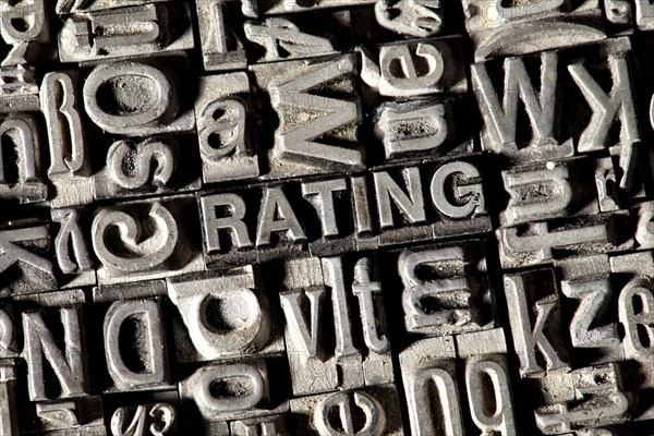 Old lead letters forming the word 'RATING'