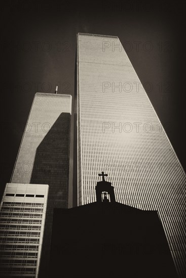 The St. Nicholas Greek Orthodox Church in front of the North and South Tower of the former World Trade Center or WTC