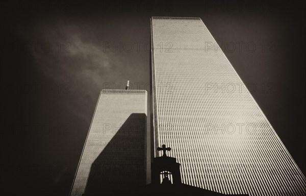 The St. Nicholas Greek Orthodox Church in front of the North and South Tower of the former World Trade Center or WTC