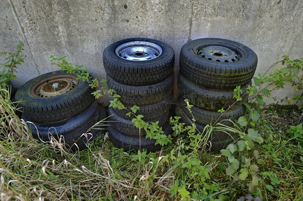 Old car tires between nettles