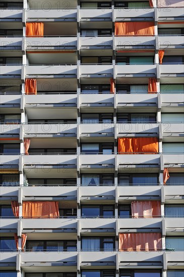 Concrete balconies of a high-rise residential apartment building from the seventies in the satellite city of Neuperlach