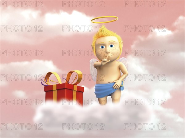 Angel standing on a cloud with a gift