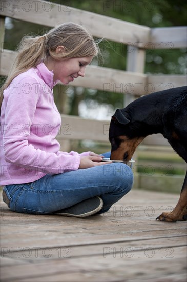 Girl feeding a Doberman