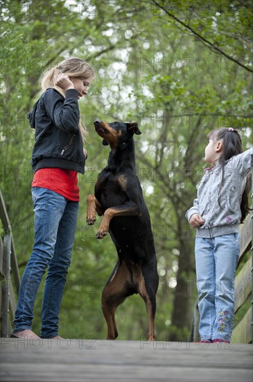 Two girls standing with a Doberman on a bridge