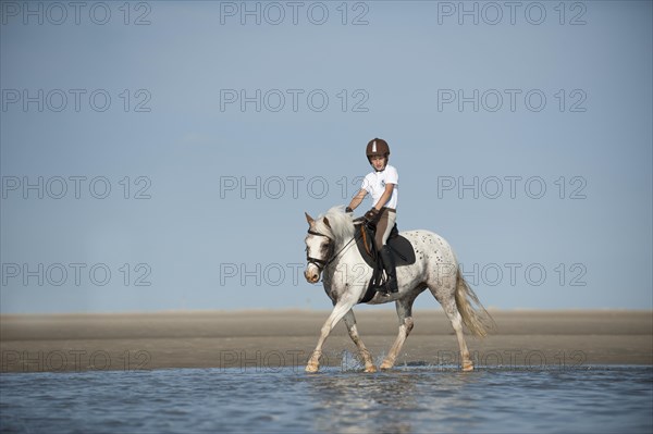 Girl on a pony trotting along the beach
