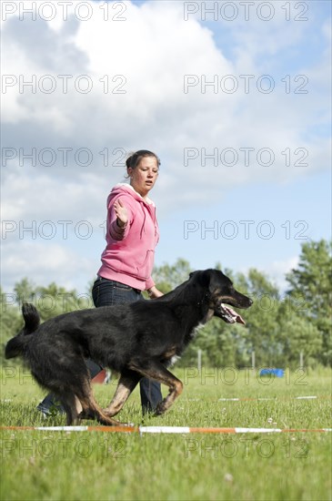 Woman longeing a mixed-breed dog