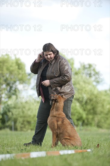 Woman longeing a mixed-breed dog