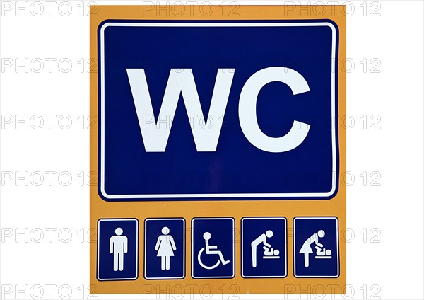 Toilet sign with pictograms for separate baby changing facilities for men and women