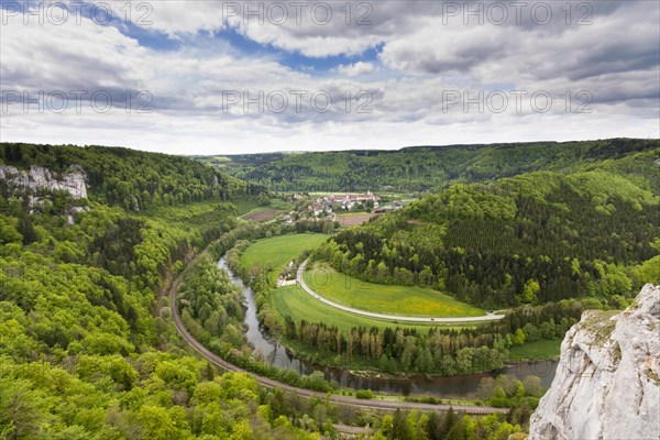 View over the Danube Valley towards Beuron Archabbey in the Danube valley