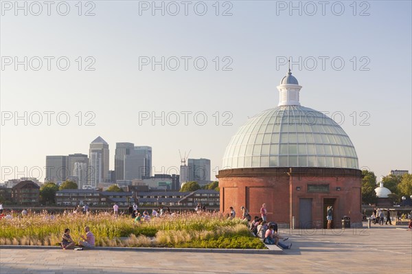 Greenwich foot tunnel entrance with Canary Wharf in the distance