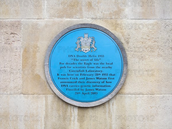 Blue plaque marking the pub in Cambridge where Watson and Crick announced their discovery of how DNA carries information