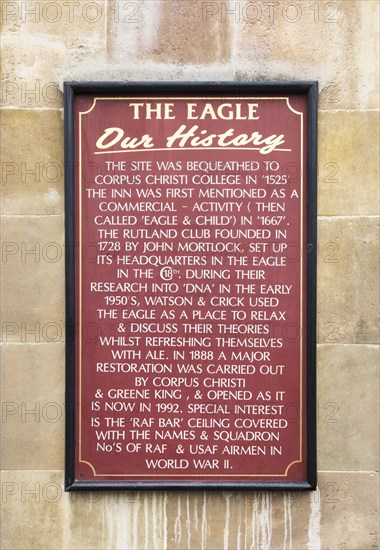 Sign explaining the history of the Eagle Pub in Cambridge