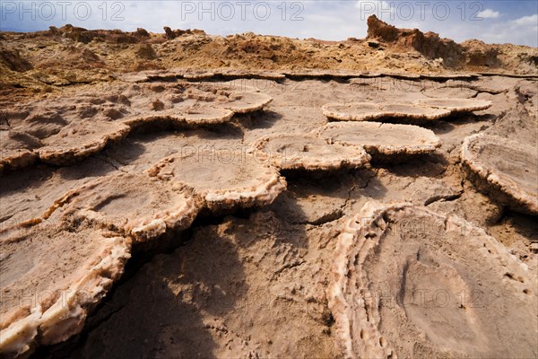 Rock formations on the edge of the hydro-thermal springs on the Dallol shield volcano