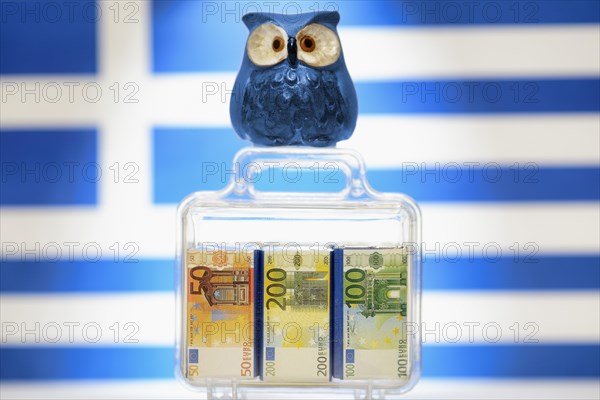 Owl on a suitcase full of money in front of a Greek flag