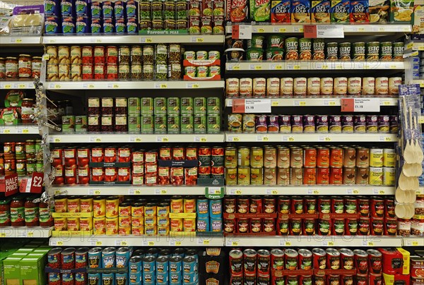 Tinned food aisle of a supermarket