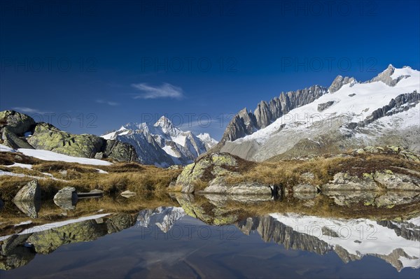 Small lake above the Aletsch Glacier and the Bernese Oberland