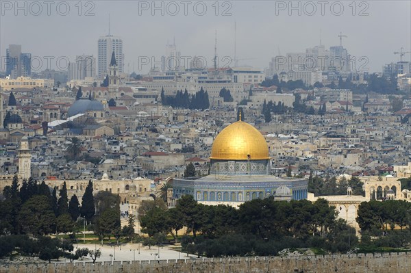 View from the Mount of Olives on the Dome of the Rock on the Temple Mount in the Old City of Jerusalem