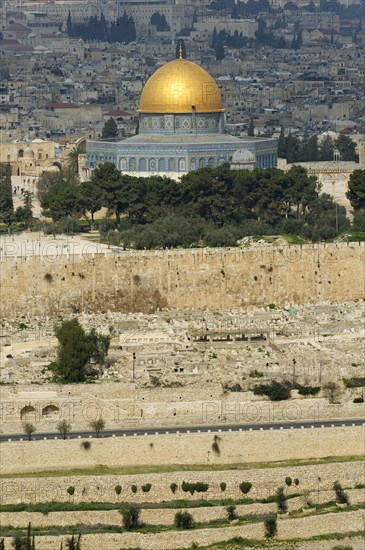 View from the Mount of Olives over the Jewish cemetery on the Dome of the Rock on the Temple Mount in the Old City of Jerusalem