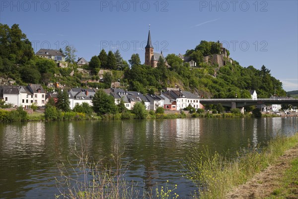 Saar banks with city view and Saarburg castle ruins