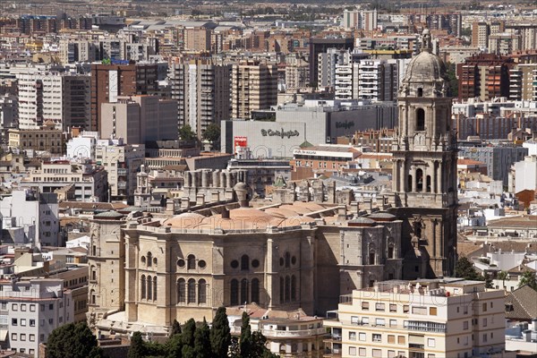 View from Monte de Gibralfaro over the historic town centre with Malaga Cathedral Catedral de la Encarnacion