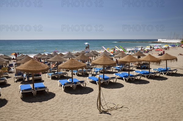 Sun beds and umbrellas on the sandy beach