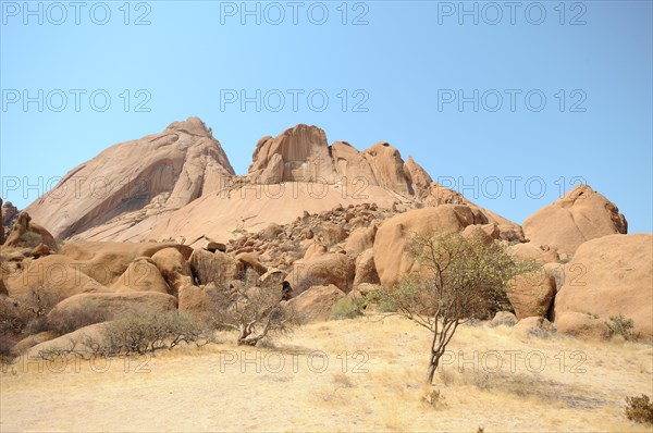 Savannah landscape with granite rocks and Spitzkoppe Mountain