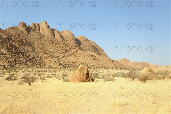 Savannah landscape with granite rocks and Spitzkoppe Mountain