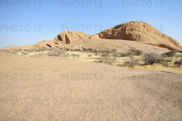 Savannah landscape with granite rocks and Spitzkoppe Mountain