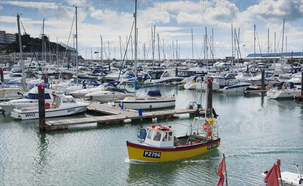 Fishing boats and yachts at floating docks in harbour