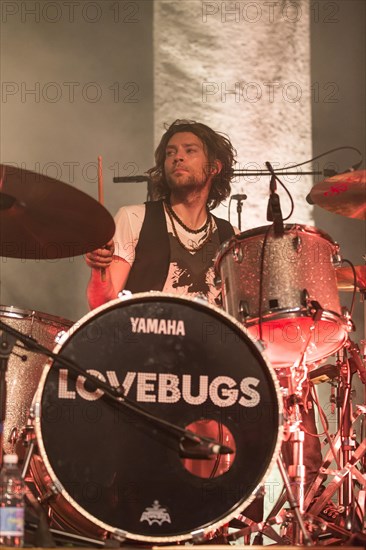 Drummer Simon Ramseier from the Swiss pop band Lovebugs performing live in the Schueuer concert hall