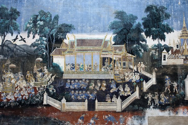 Mural depicting scenes from the Khmer version or Reamker version of the classic Indian Ramayana epos in the covered gallery of the Silver Pagoda