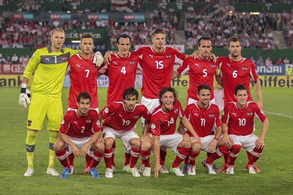 The Austrian team during the national anthem before the WC qualifier soccer game on September 11