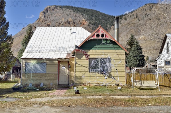 Historic building with Halloween decoration