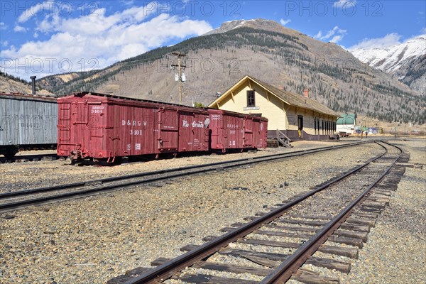 Historic train station with wagons of the Denver & Rio Grande Western Railroad Company
