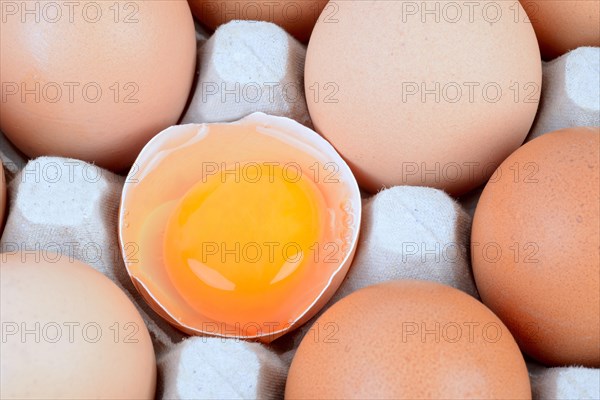Single egg broken open between other eggs on an egg tray