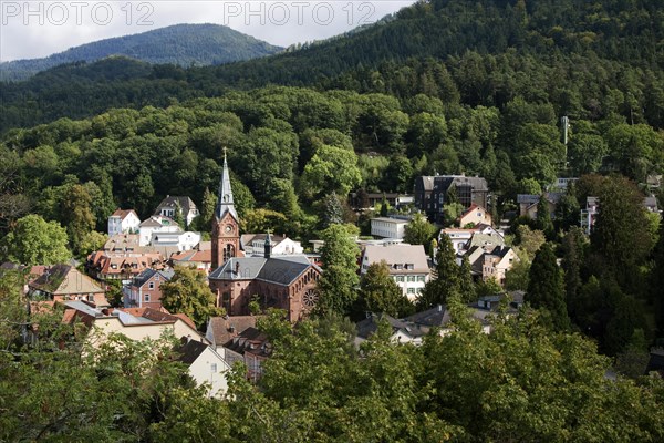 Badenweiler in the Markgraeflerland region with the Protestant church of St. Paul