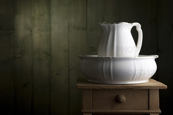 Antique porcelain basin on a small chest of drawers