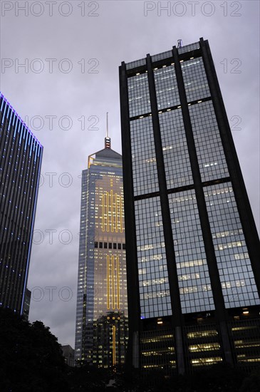 Central Plaza skyscraper and Harbour Centre office building at dusk