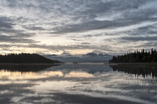 A view of Mt Denali and Mt Hunter in the Alaska Range from Swan Lake